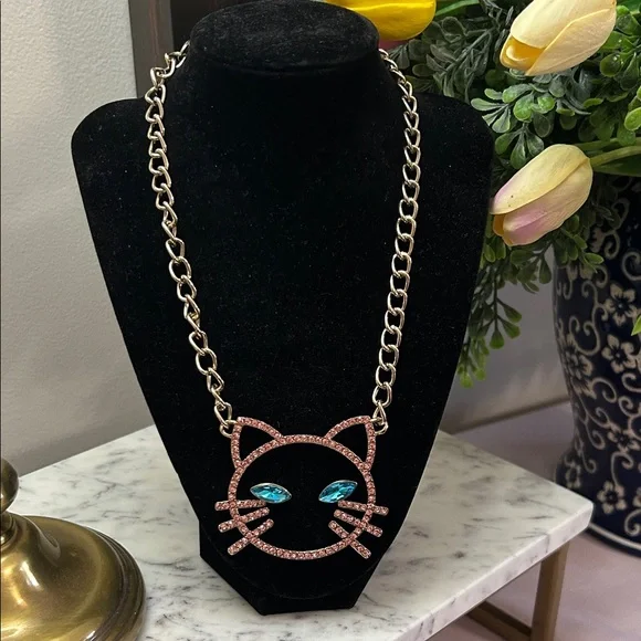 Betsey Johnson Gold-Tone Cat Face Necklace with Pink Crystals and Blue Eyes - Picture 1 of 3